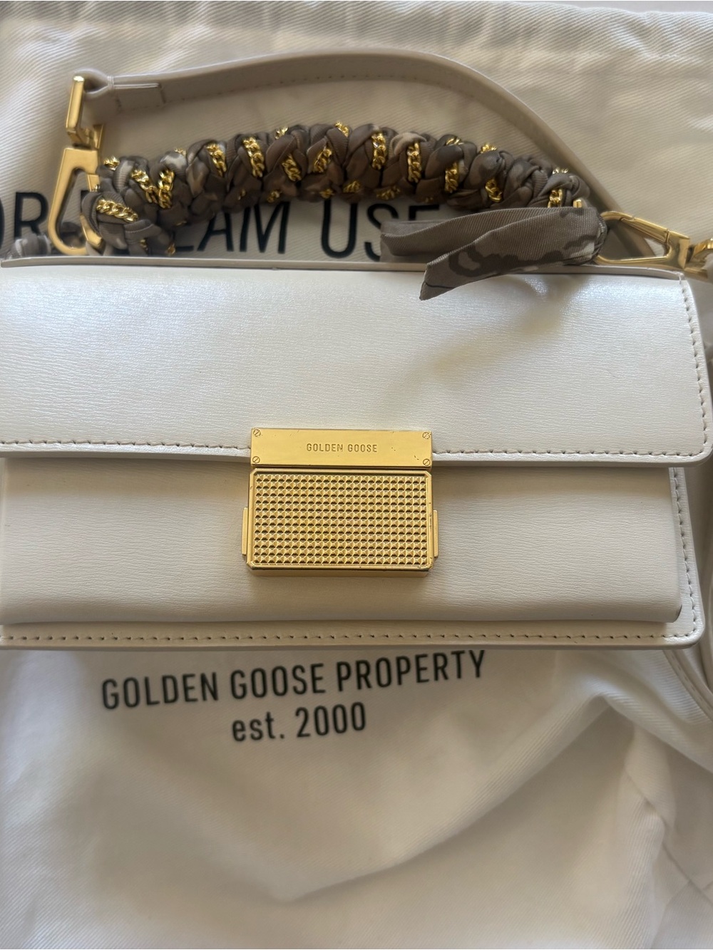 Golden Goose Cream Leather Shoulder Bag with Gold Hardware